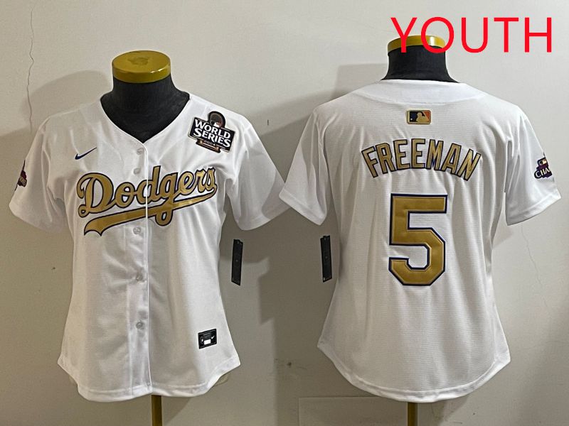 Youth Los Angeles Dodgers 5 Freeman White Champion gold character 2025 Nike MLB Jersey style 4124